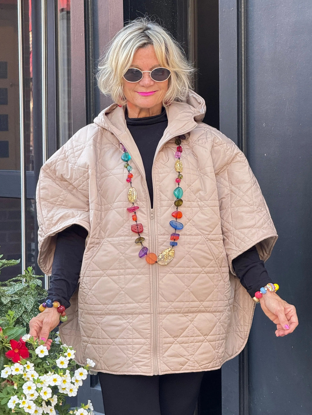 Oversize Quilted Puffer Hood Cape Poncho BEIGE