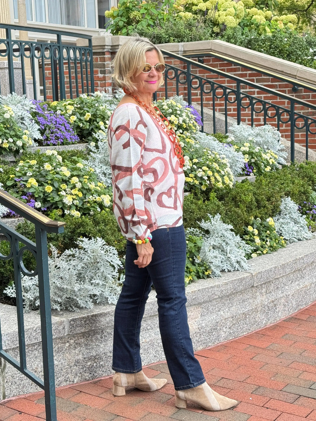 One Size Beige Heart Printed Knitted Sweater
