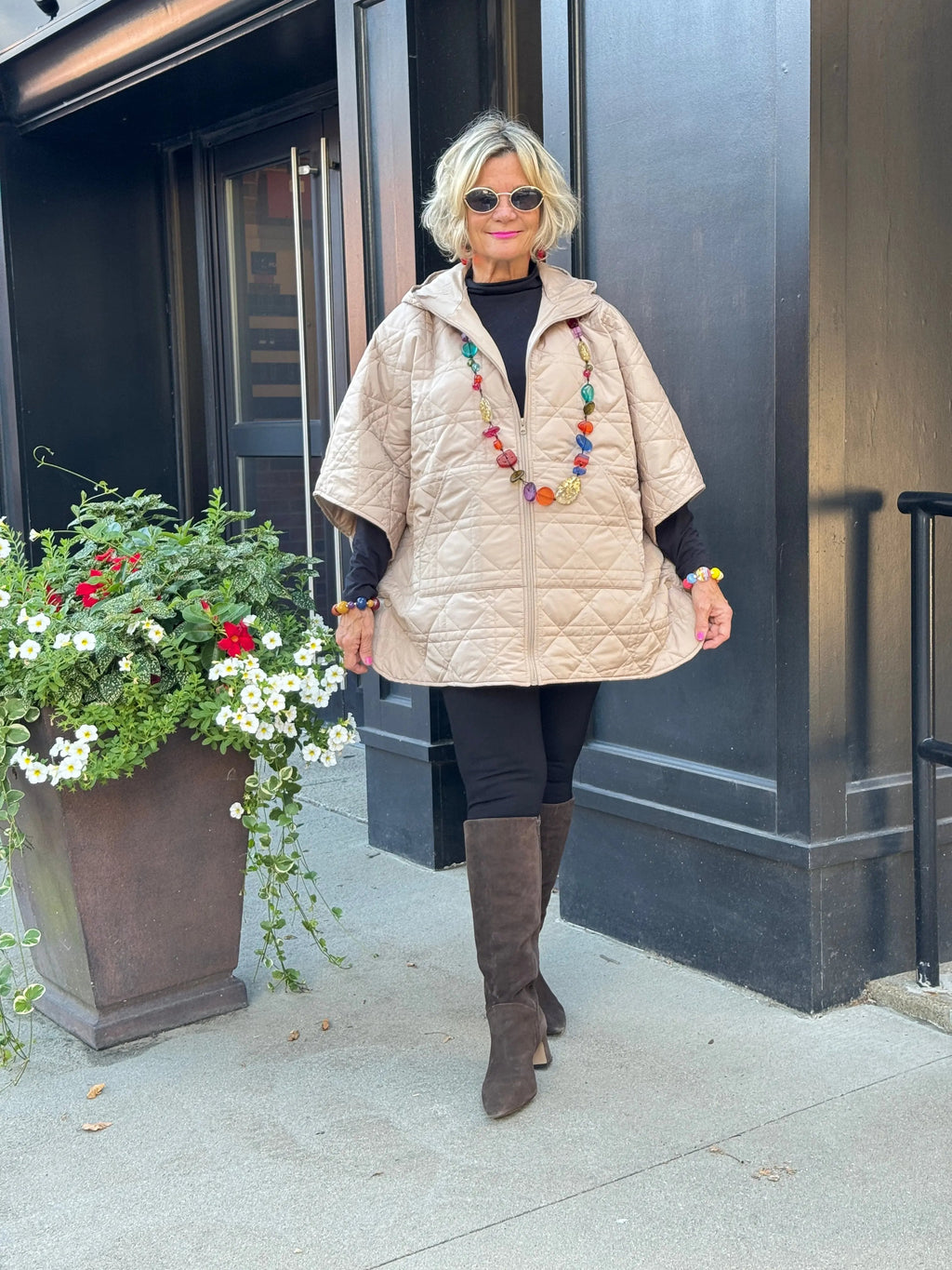 Oversize Quilted Puffer Hood Cape Poncho BEIGE