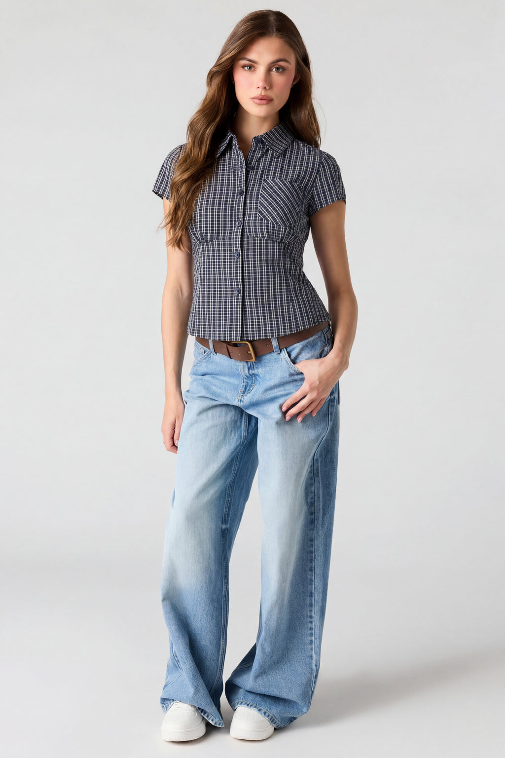 Fitted Short Sleeve Button-Up Top