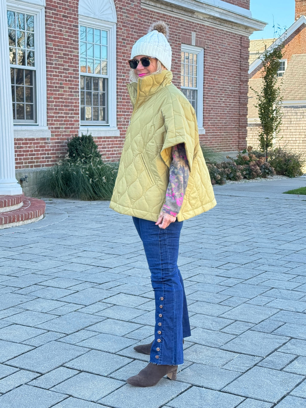 Quilted Short Sleeves Puffer Pullover Poncho Mustard