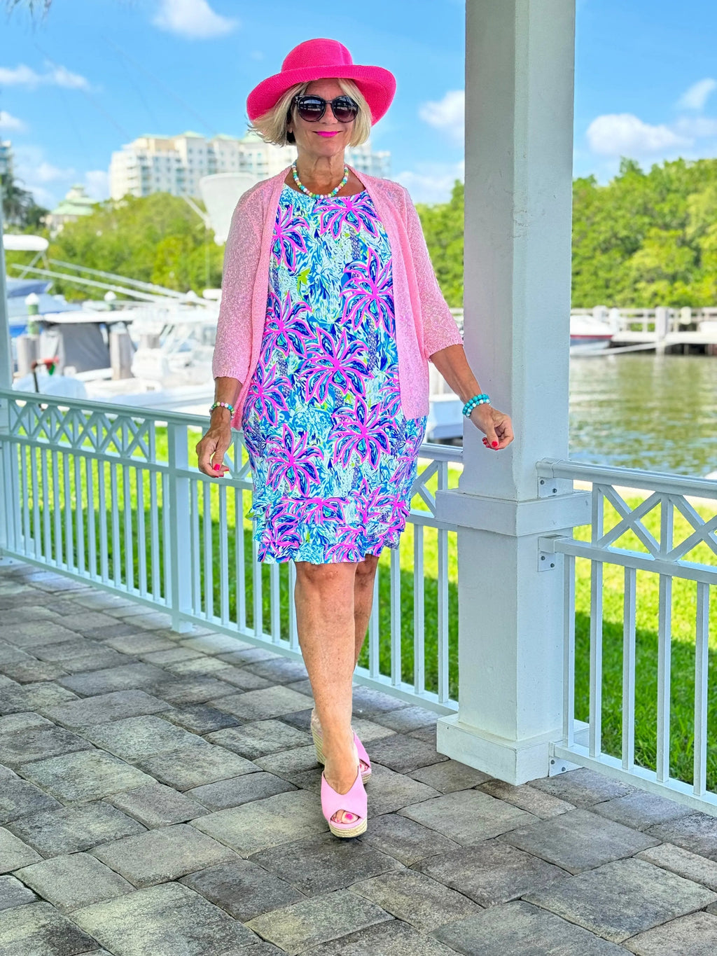 PINK PALM TREE  SHIFT RUFFLE DRESS