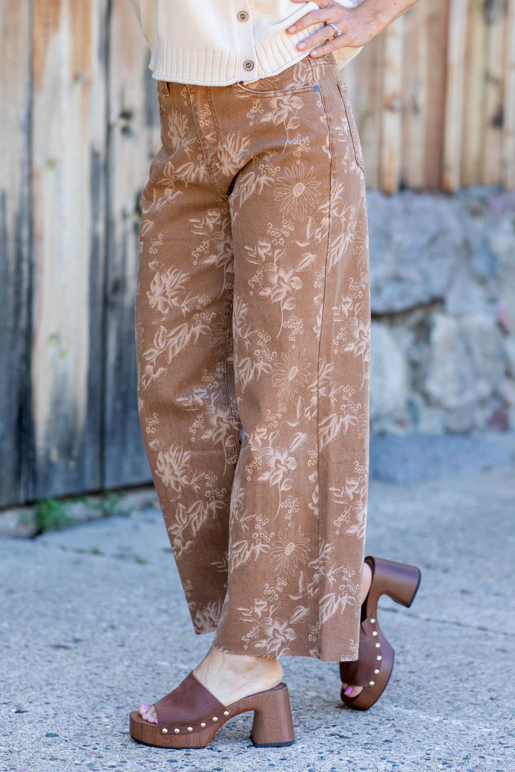 Camel All-Over Floral Print Wide Leg Jeans