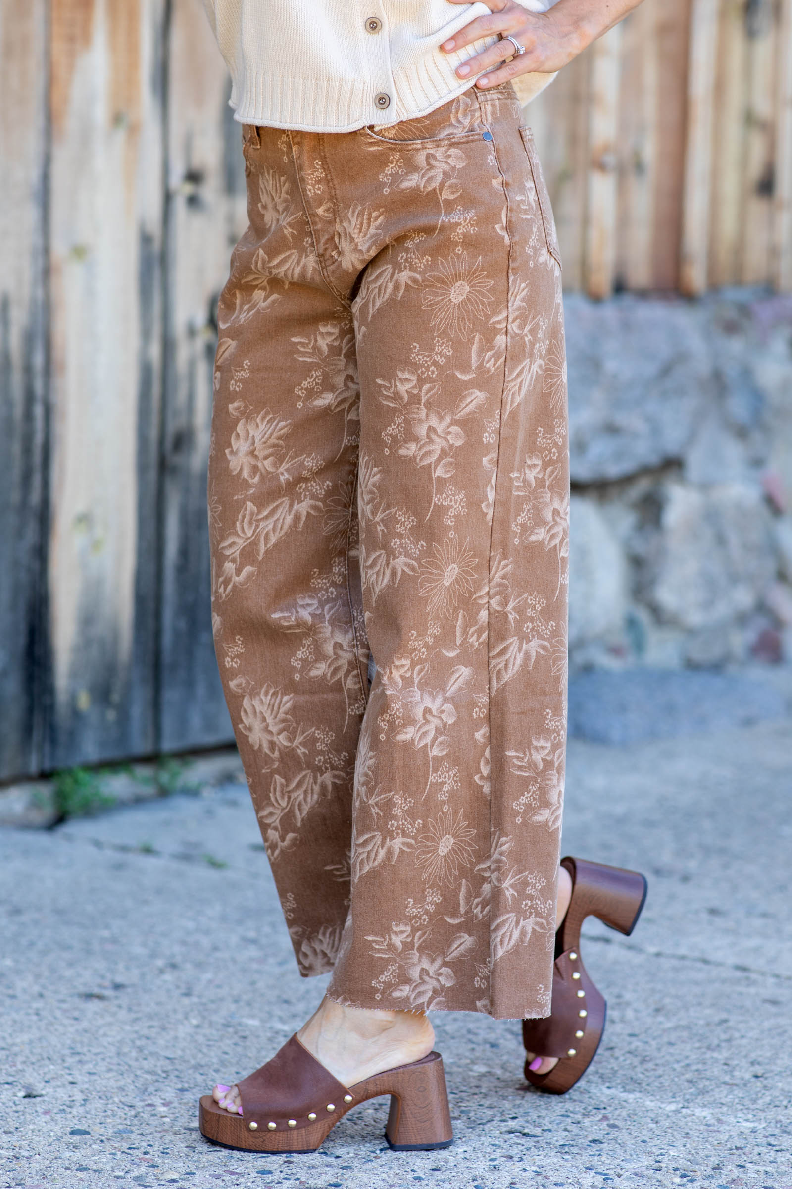 Camel All-Over Floral Print Wide Leg Jeans
