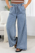 Chambray Drawstring Wide Leg Pants