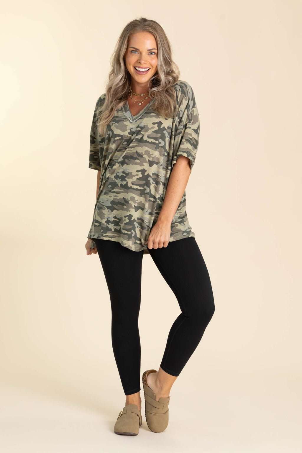 Camo V-Neck Oversized Knit Tee