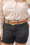 Camel Crochet Trimmed Woven Leather Belt