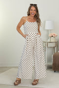 Brown Polka Dot Smocking Wide Leg Jumpsuit