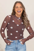 Brown Polka Dot Mesh Long Sleeve Bodysuit
