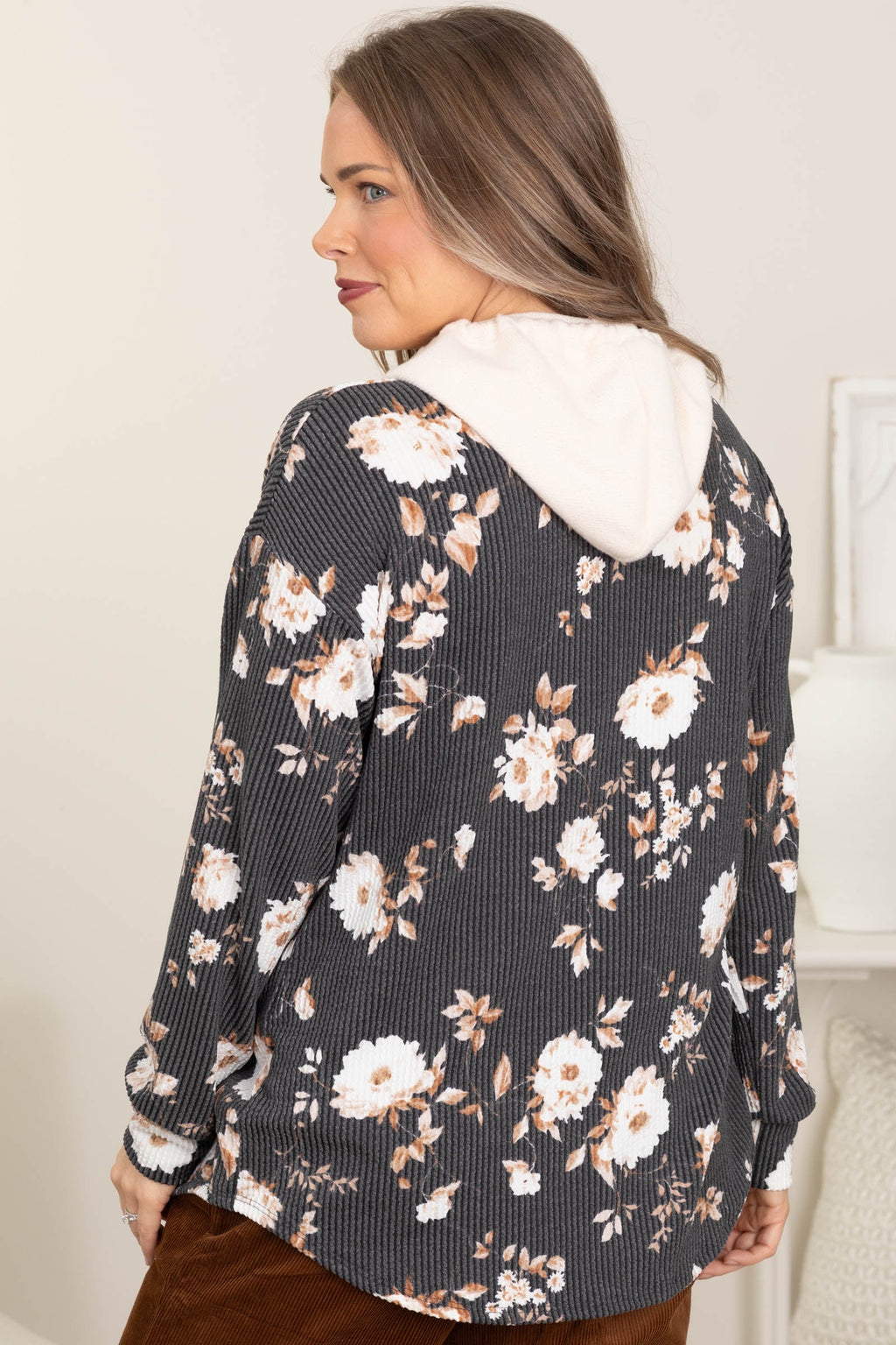 Charcoal Rib Knit Floral Shacket With Hood