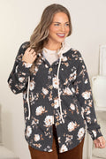 Charcoal Rib Knit Floral Shacket With Hood