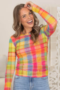 Colorful Plaid Print Mesh Long Sleeve Knit Top