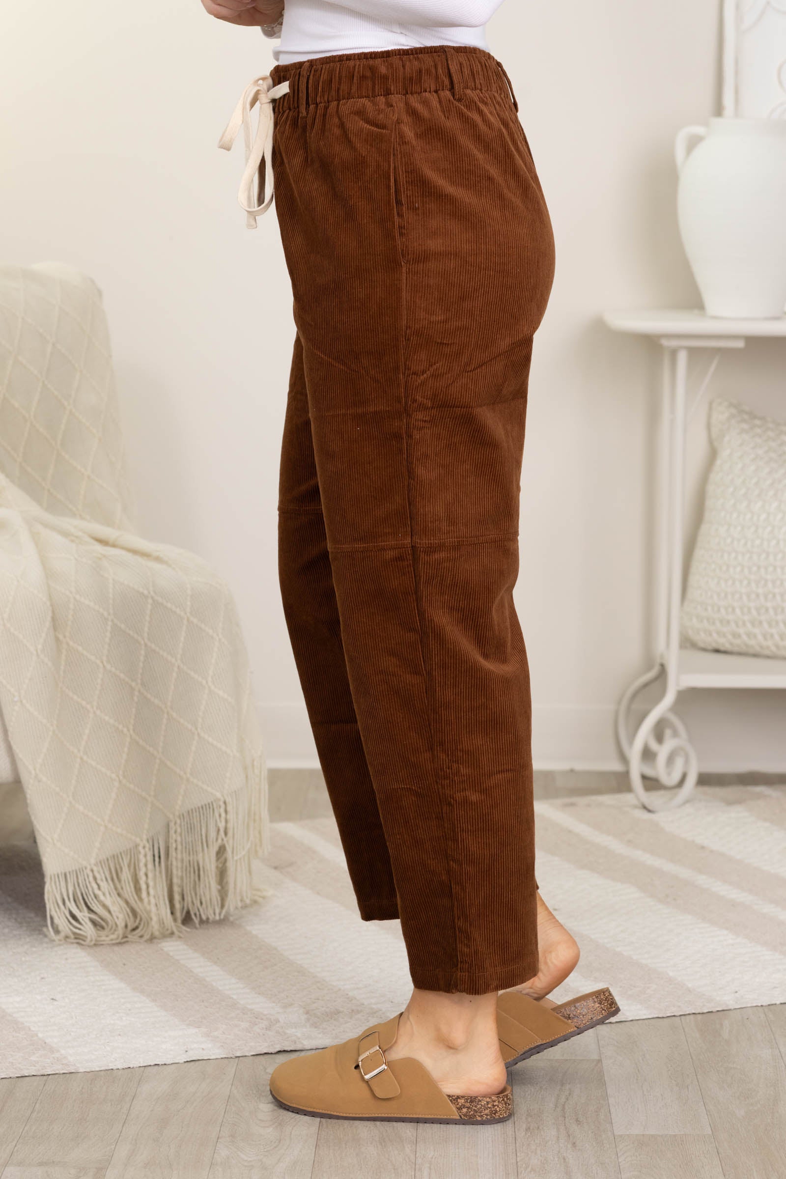 Brown Corduroy Elastic Tie Waist Straight Pant