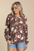 Brown Floral Ribbed Hoodie Knit Top