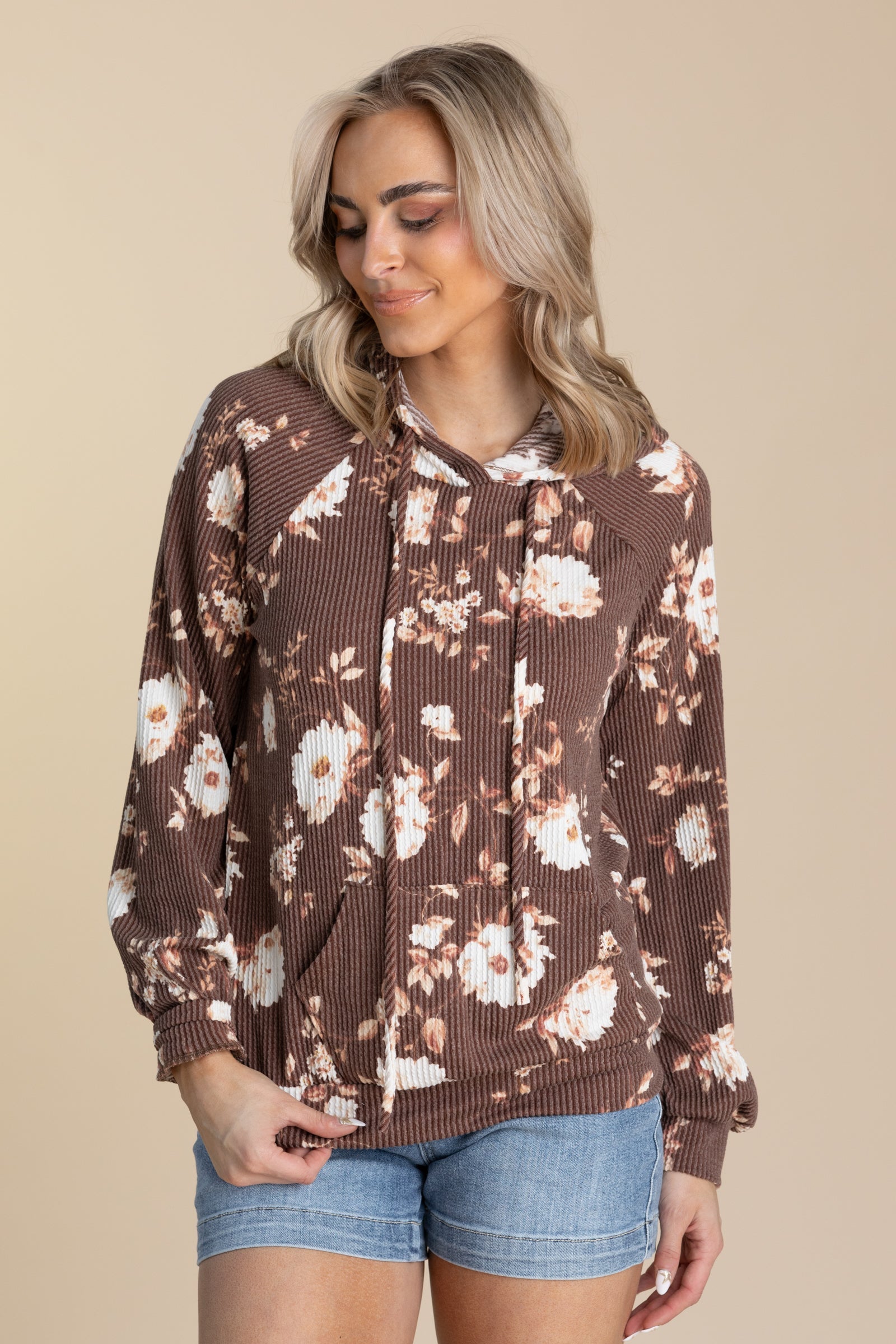 Brown Floral Ribbed Hoodie Knit Top