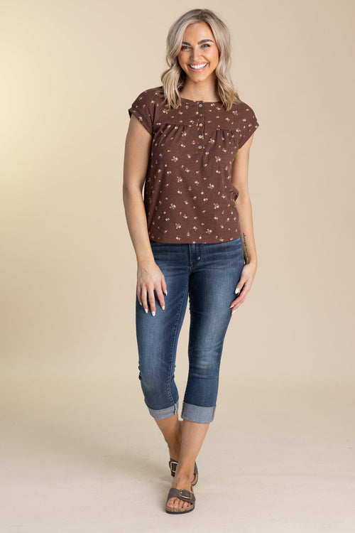 Brown Floral Button Up Knit Sleeve Top
