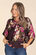 Brown Floral Printed Batwing Sleeve Woven Top
