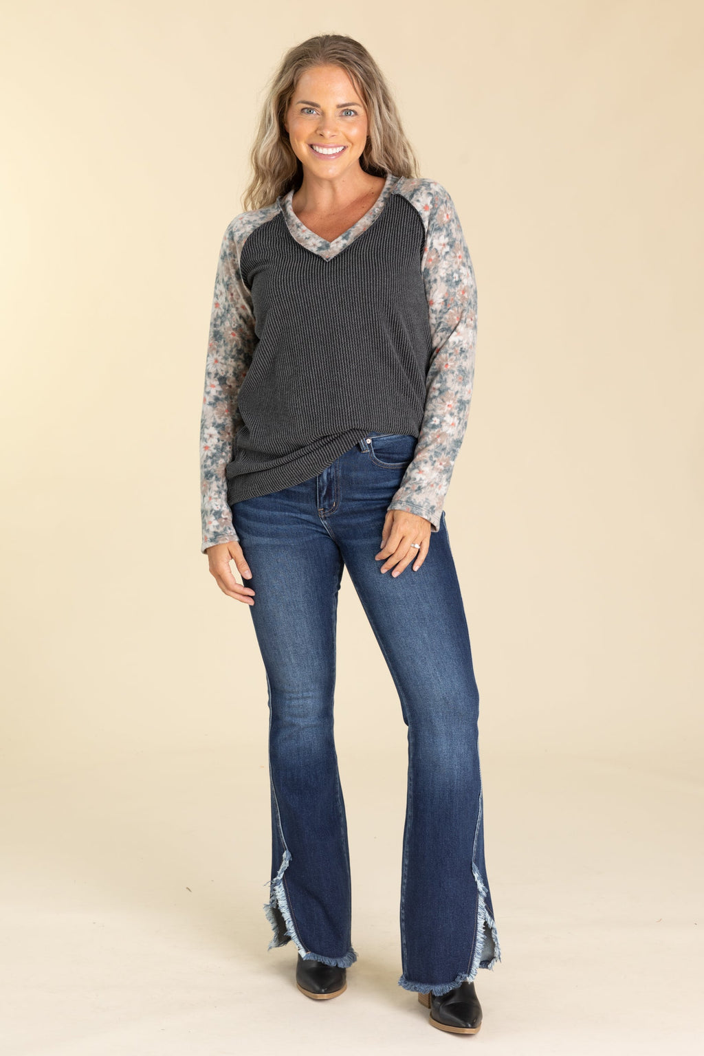Charcoal Ribbed With Floral Sleeves Knit Top