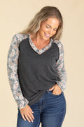 Charcoal Ribbed With Floral Sleeves Knit Top