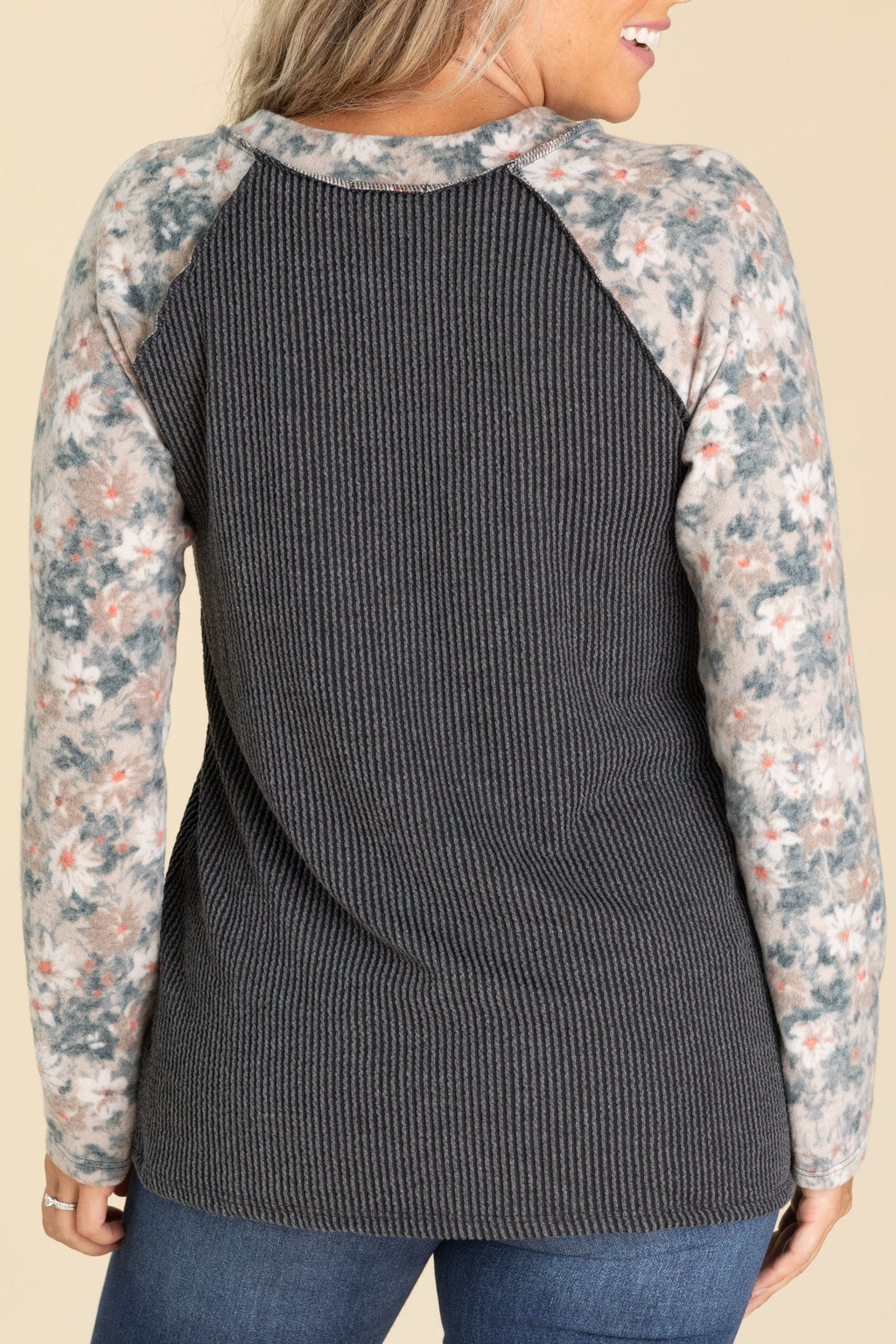 Charcoal Ribbed With Floral Sleeves Knit Top