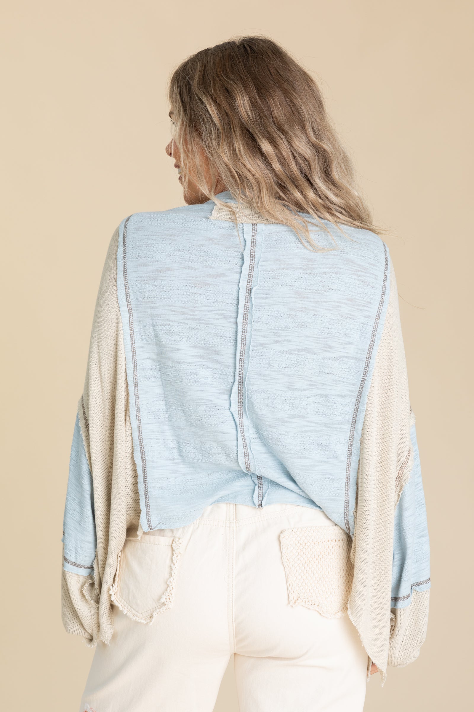 Contrast Balloon Long Sleeve Raw Edge Knit Top