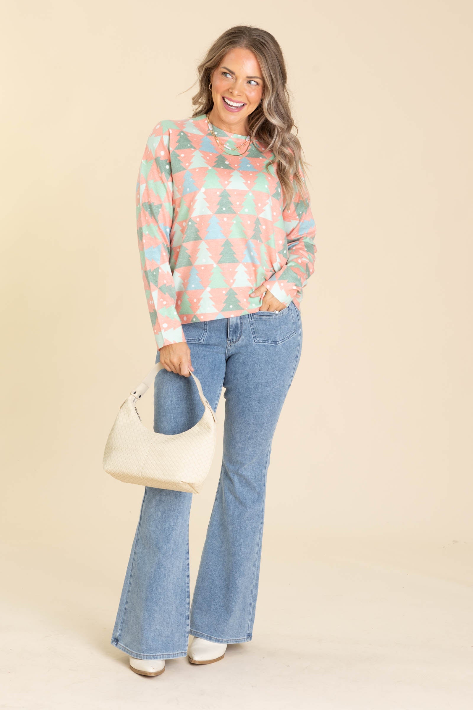 Coral Christmas Tree Pattern Knit Sweater Top