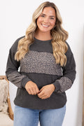 Charcoal Ribbed With Animal Print Knit Top