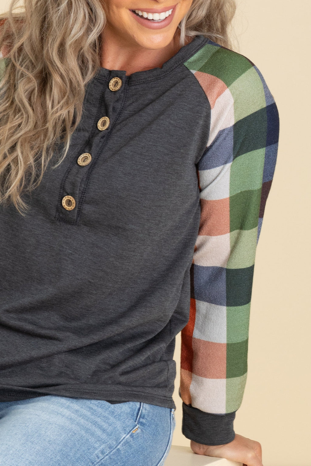 Charcoal Plaid Long Sleeve Knit Top