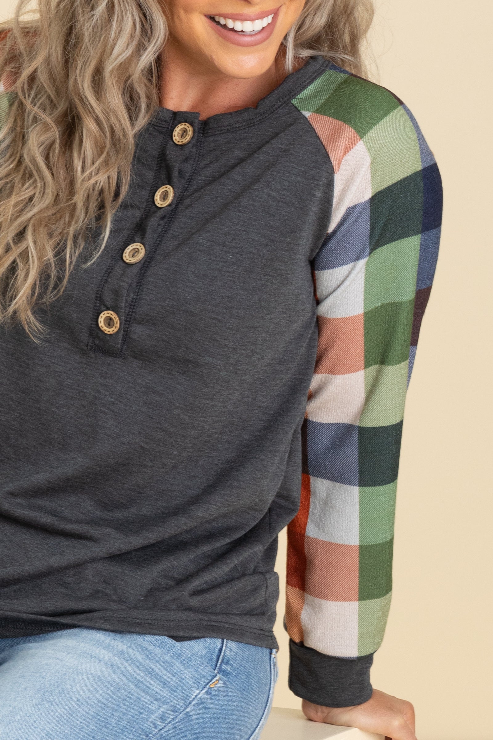 Charcoal Plaid Long Sleeve Knit Top
