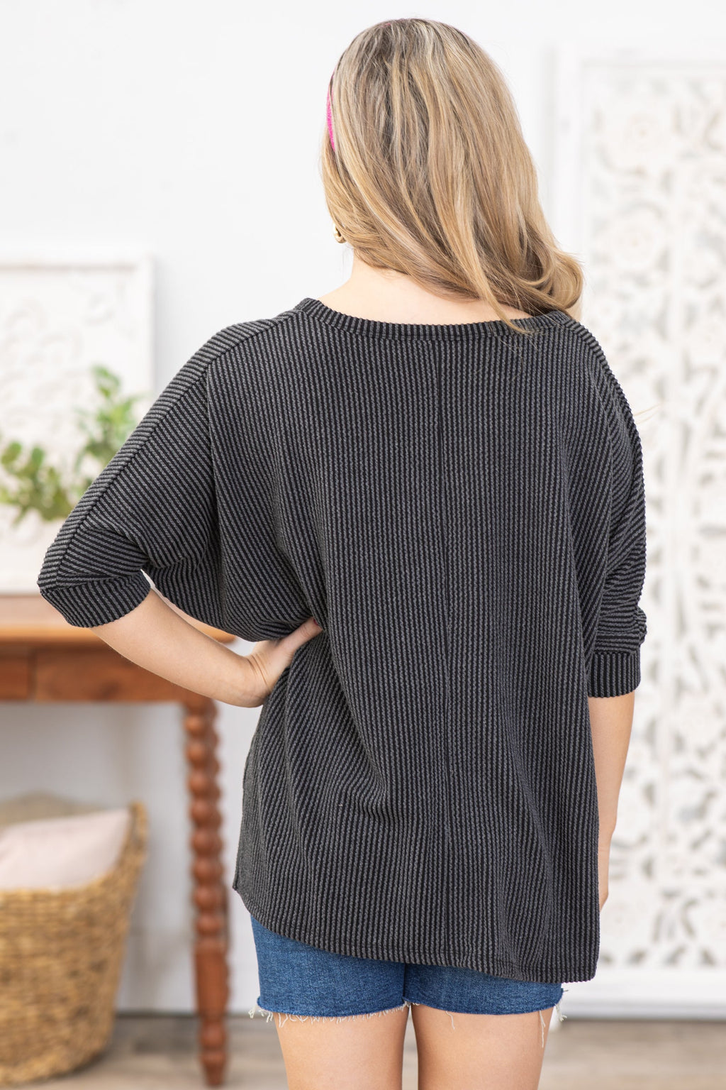 Charcoal Ribbed Dolman Sleeve V-Neck Top