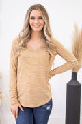 Cinnamon Stripe V-Neck Long Sleeve Top