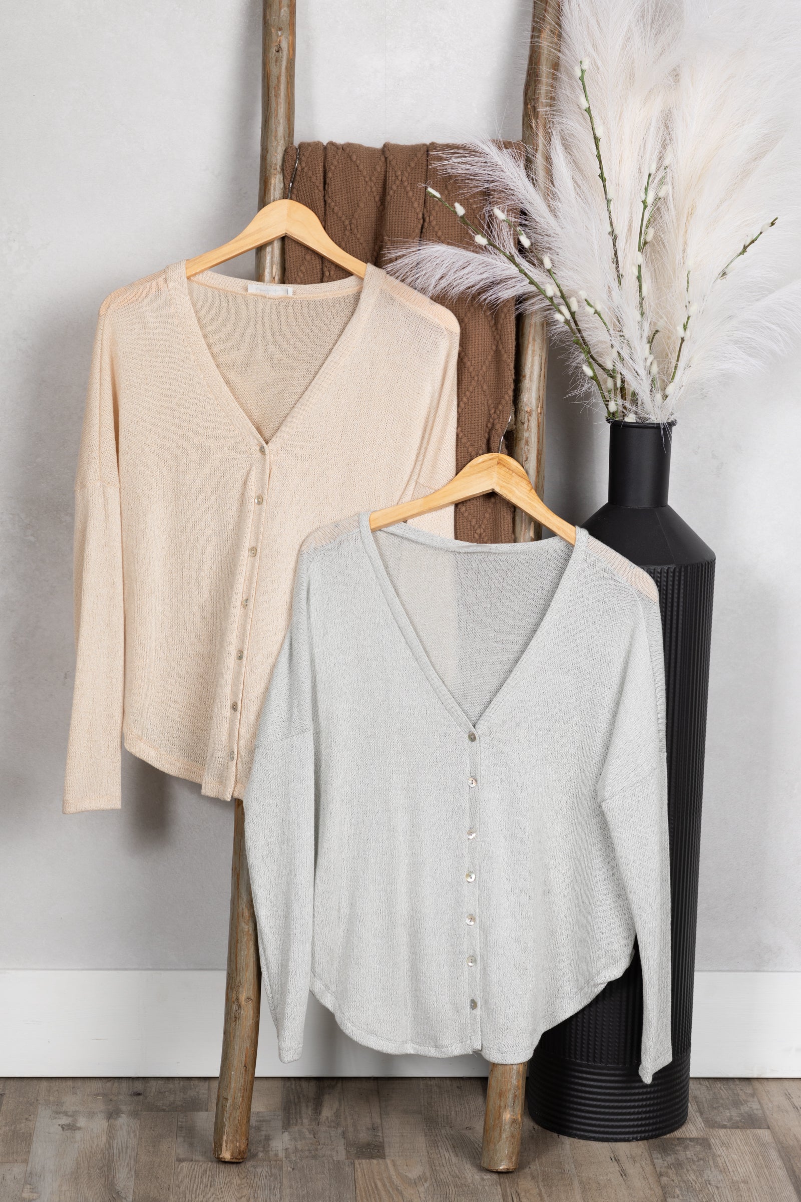 Button Front Melange Knit Long Sleeve Top