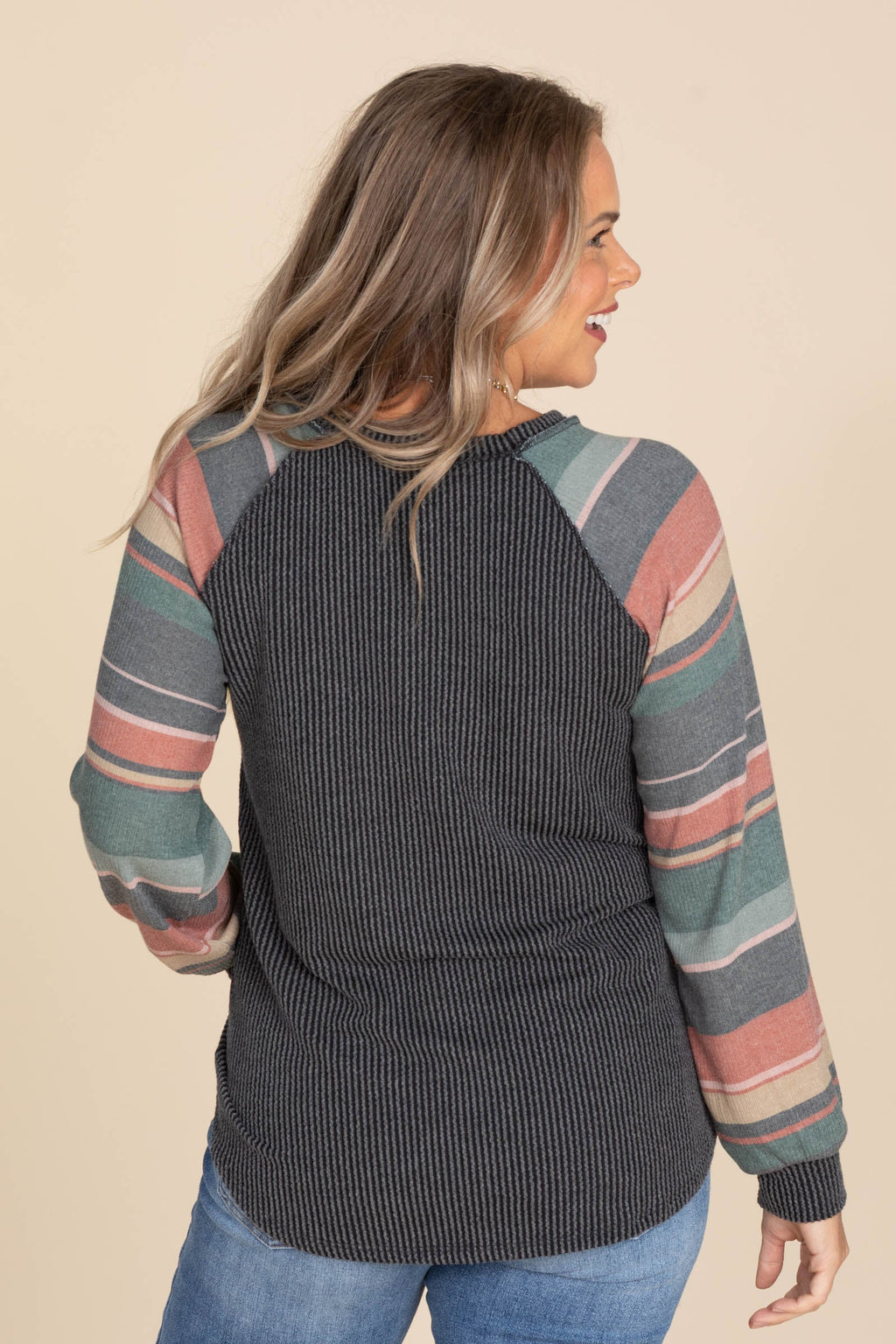 Charcoal Rib Knit Top With Multicolor Sleeves