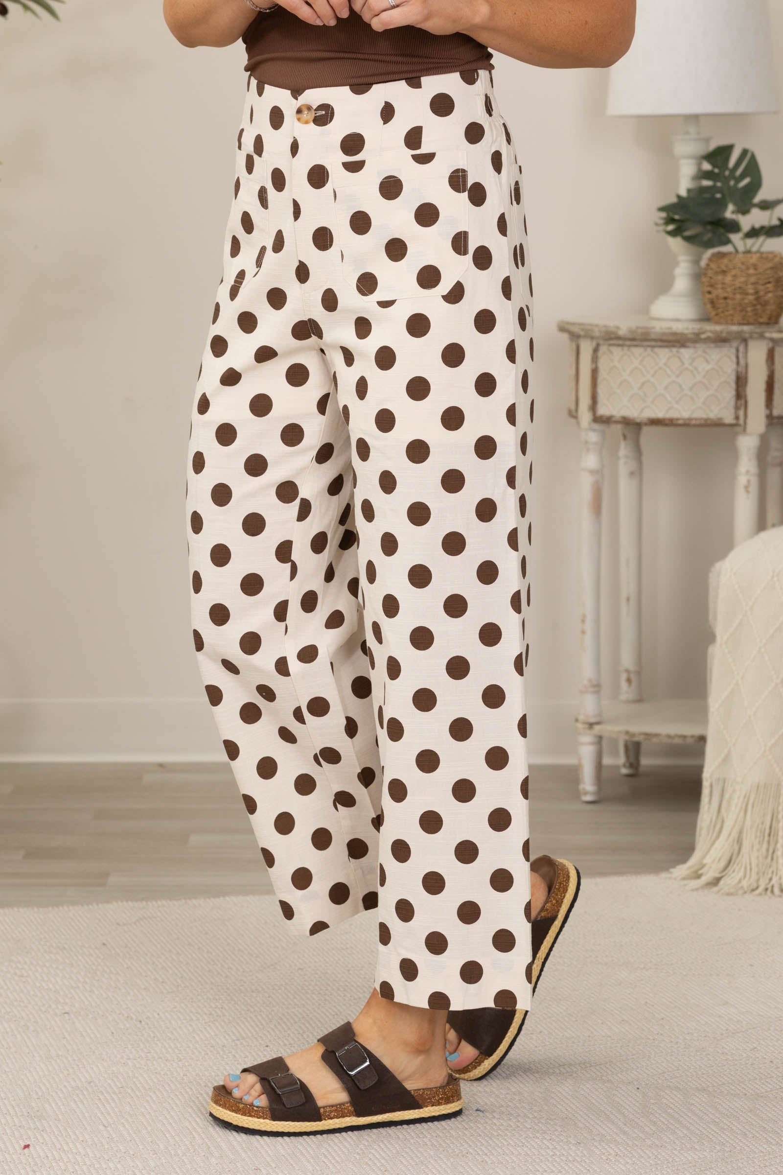 Brown Polka Dot Front Pocket Pants
