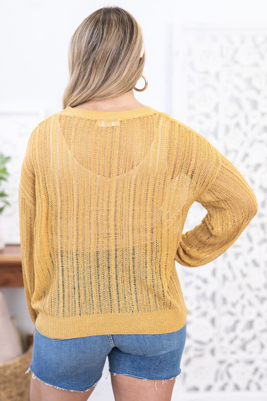 Camel Pointelle Crewneck Sweater