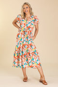 Coral Floral Print Elastic Waist Dress