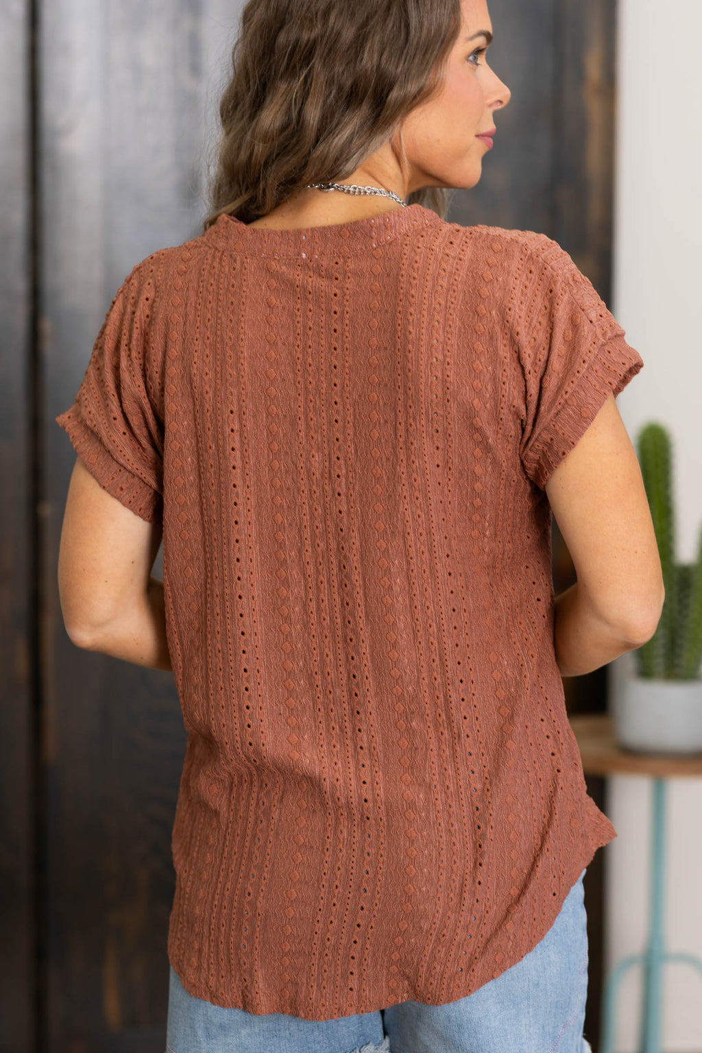 Brown Dot Pointelle Detail Short Sleeve Top