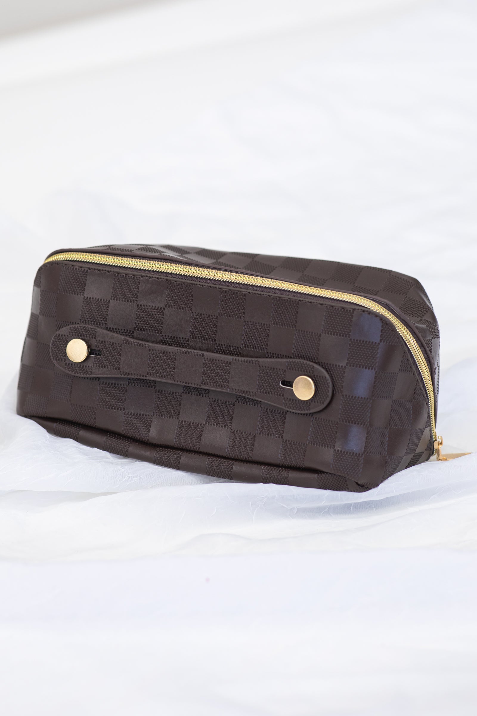 Brown Checkerboard Faux Leather Makeup Bag