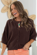 Brown Short Sleeve Button Up Sweater Cardigan