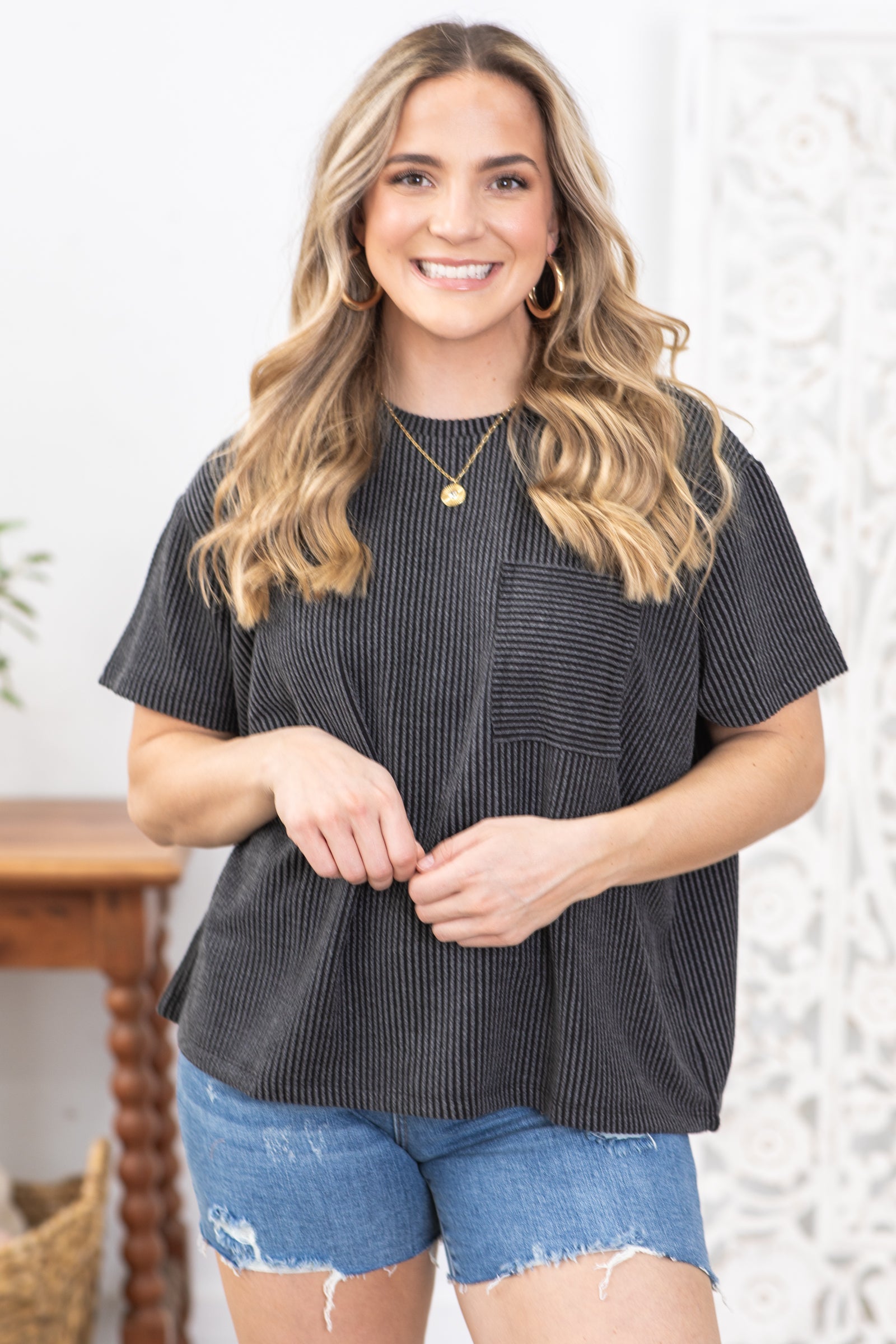 Charcoal Texture Ribbed Short Sleeve Knit Top