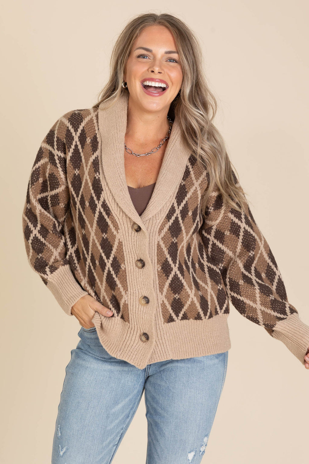 Brown Multicolor Shawl Collar Button Cardigan