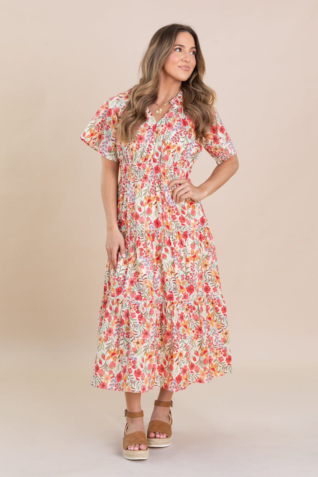 Coral Floral Tiered Maxi Dress