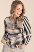 Button Henley Striped Knit Tops