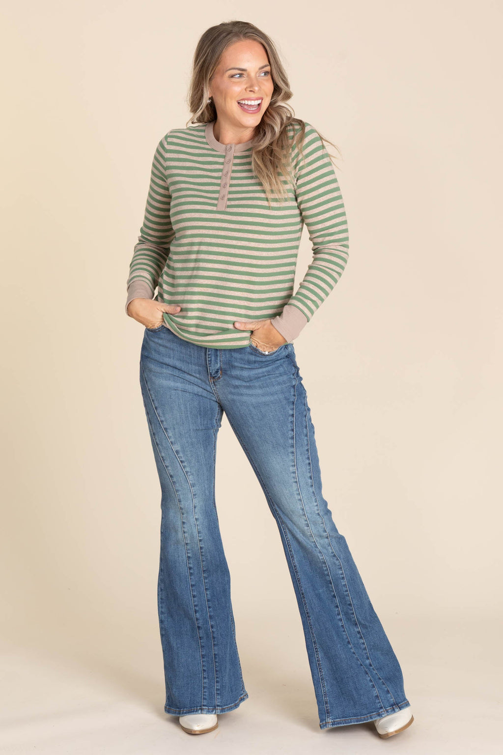 Button Henley Striped Knit Tops