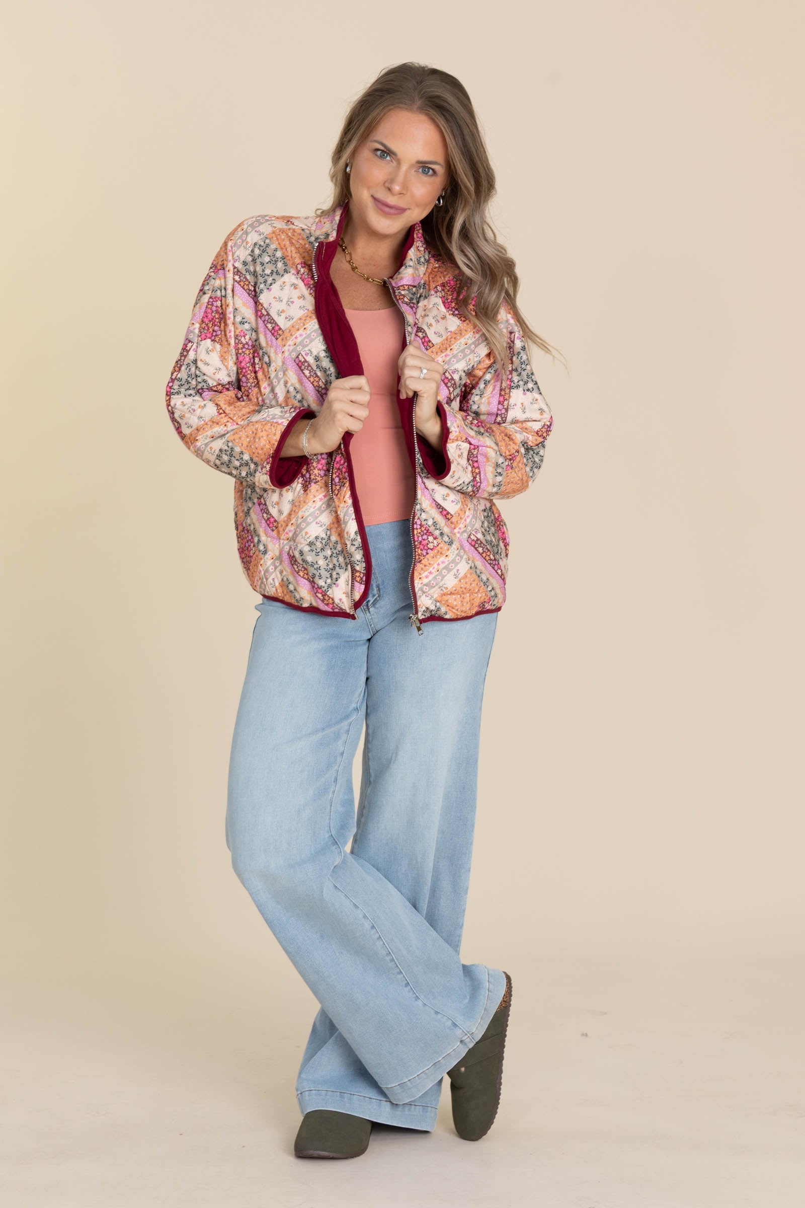 Burgundy Patch Print Light Padded Jacket