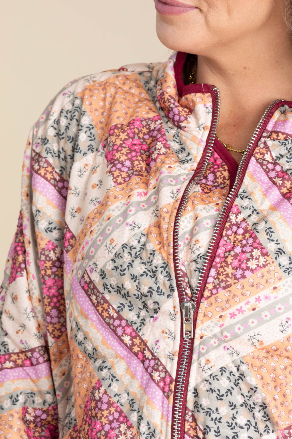 Burgundy Patch Print Light Padded Jacket