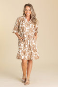 Camel Print V-Neck Quarter Sleeve Tiered Dress