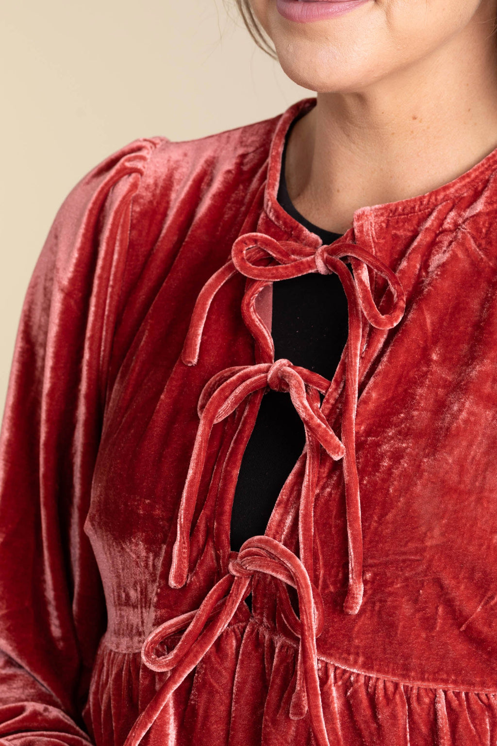 Carmine Front Tie Velvet Knit Blouse