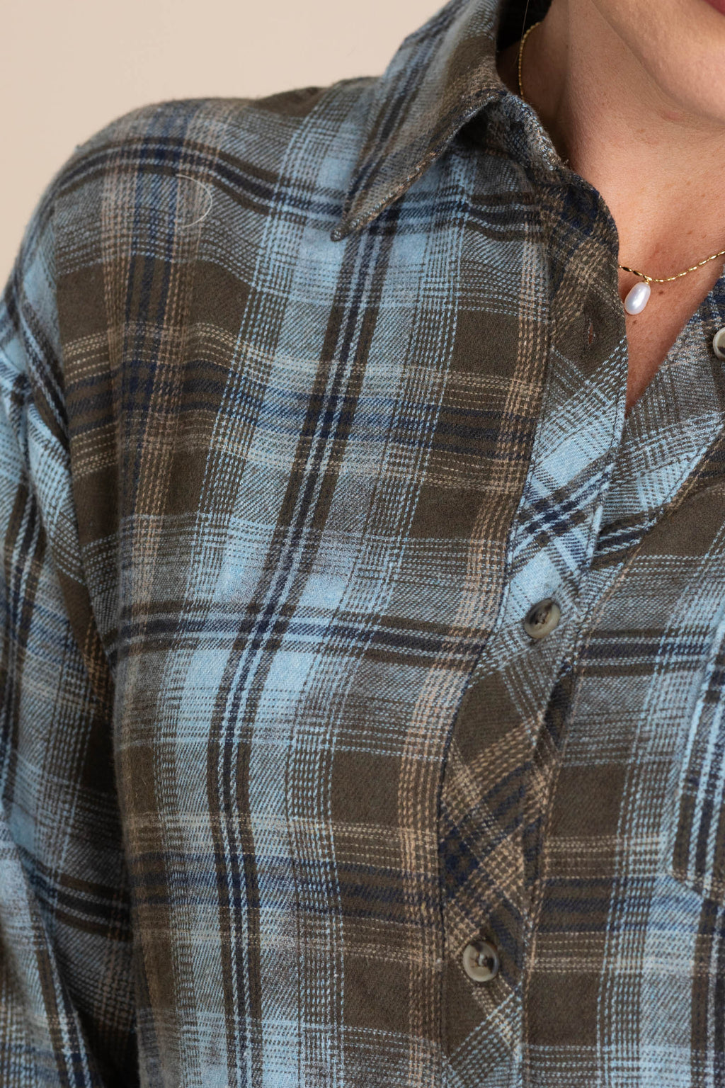 Brown Mineral Washed Plaid Shirt Dress