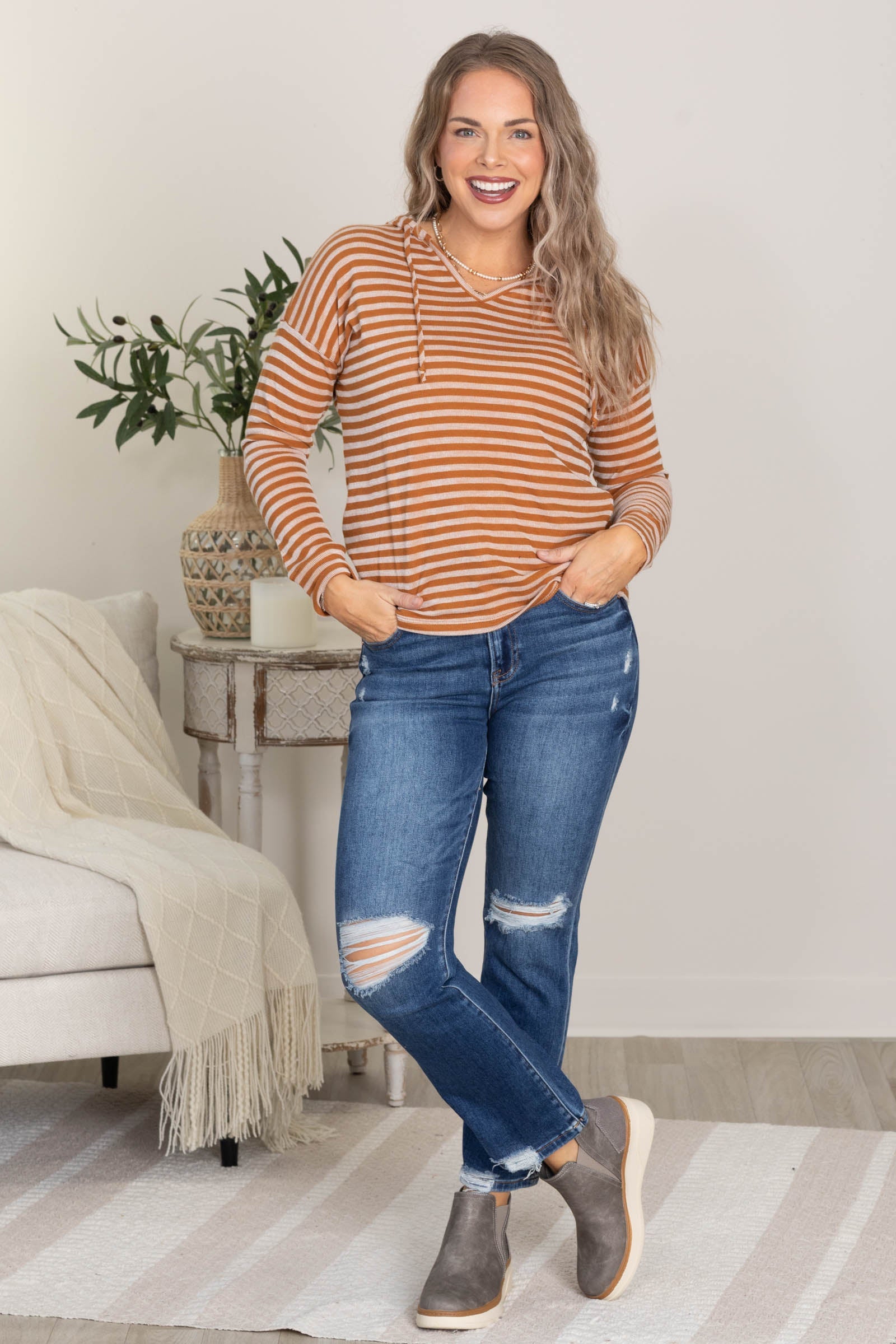 Camel Stripe Drawstring Hoodie Knit Top